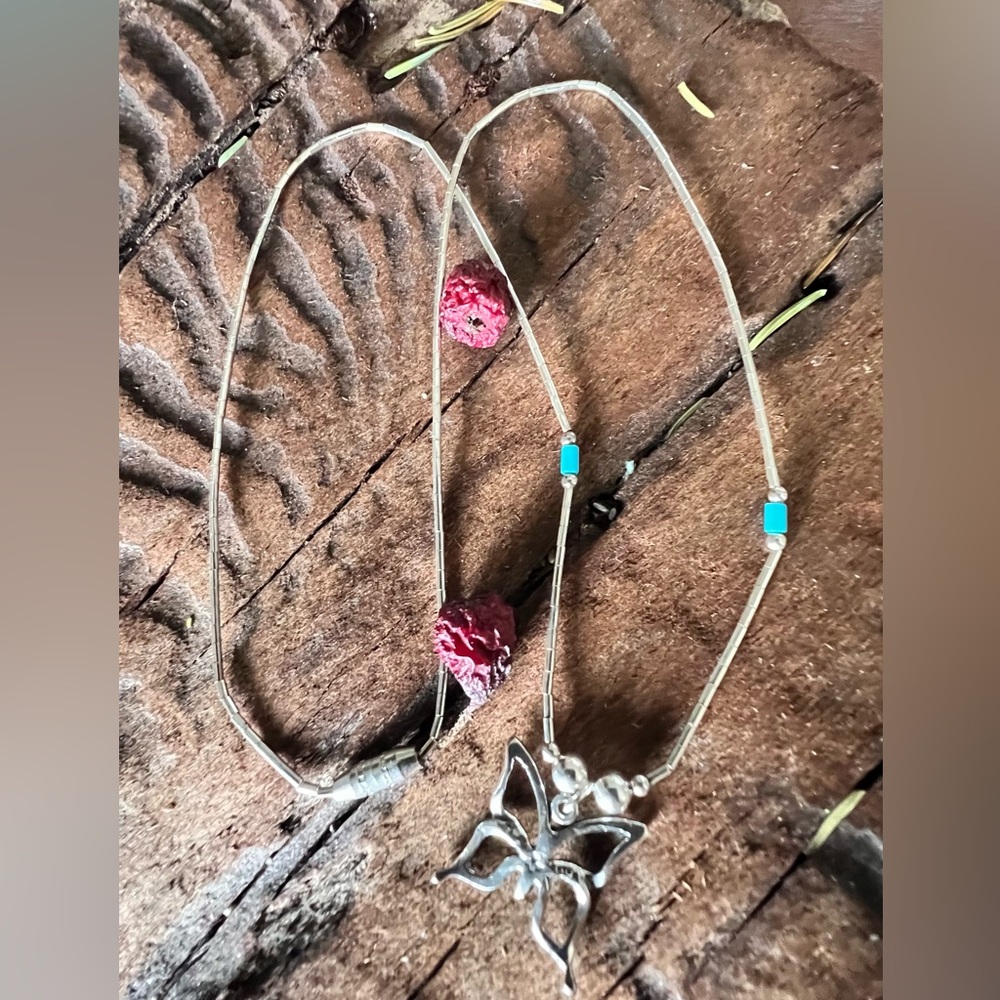 Navajo Liquid Silver Necklace Turquoise Butterfly Necklace 16” Native American